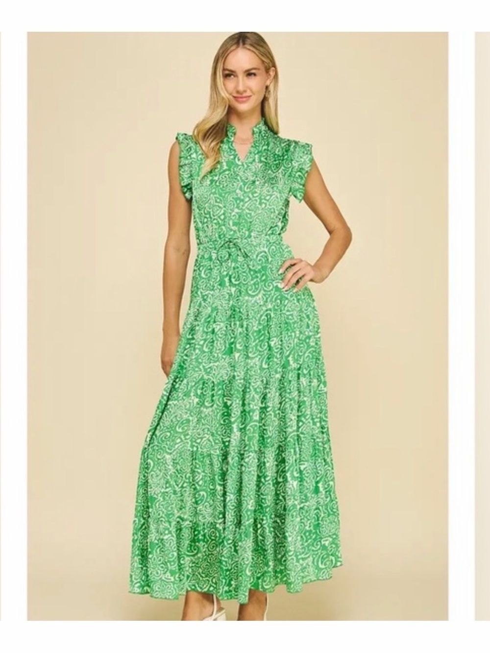 Like New Pinch Paisley Green White Maxi Dress Flutter Sleeve Tie Waist